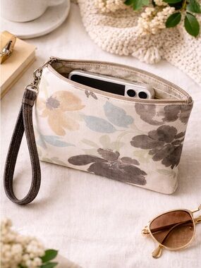 Handmade Neutral Floral Wristlet Clutch 8x6 Zipper Pouch